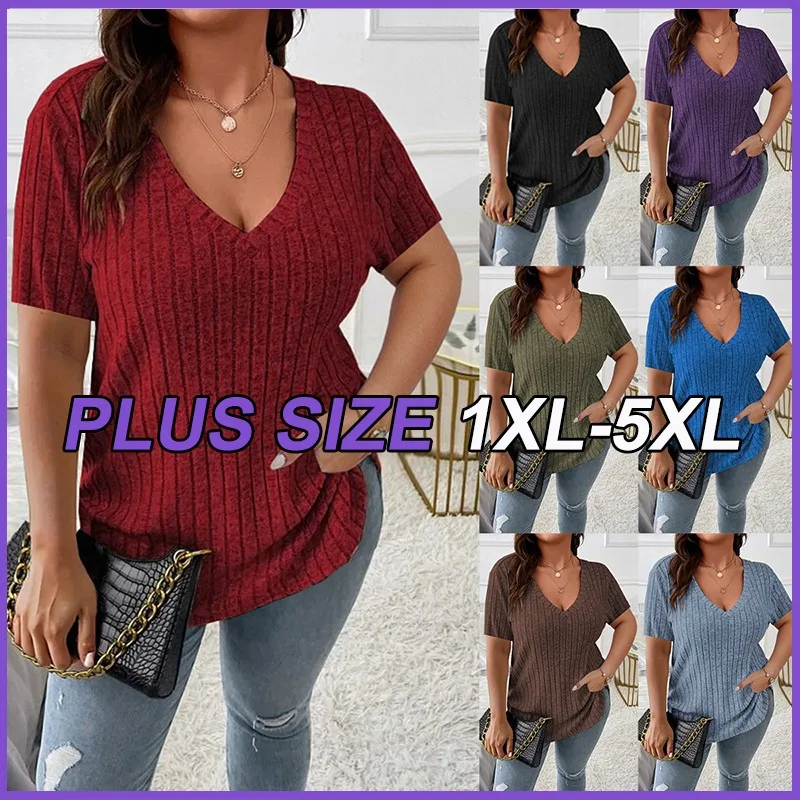 

Plus Size T-Shirts European and American Large Size Tees Women's V-Neck Striped T-Shirt Solid Color Plus Size Lady Elegant Tops