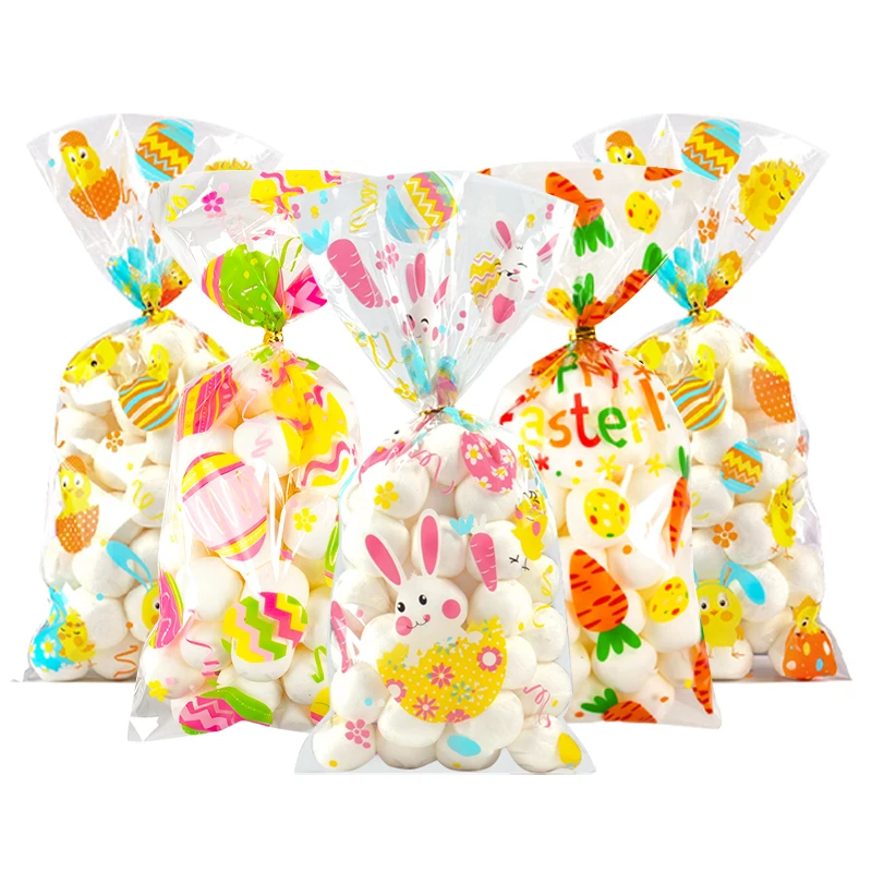 10opcs Easter Cellophane Bags Gift Bags Bunny Egg Chick Carrot Pattern Cookies Biscuit Packaging Bag for Kids Easter Party Favor