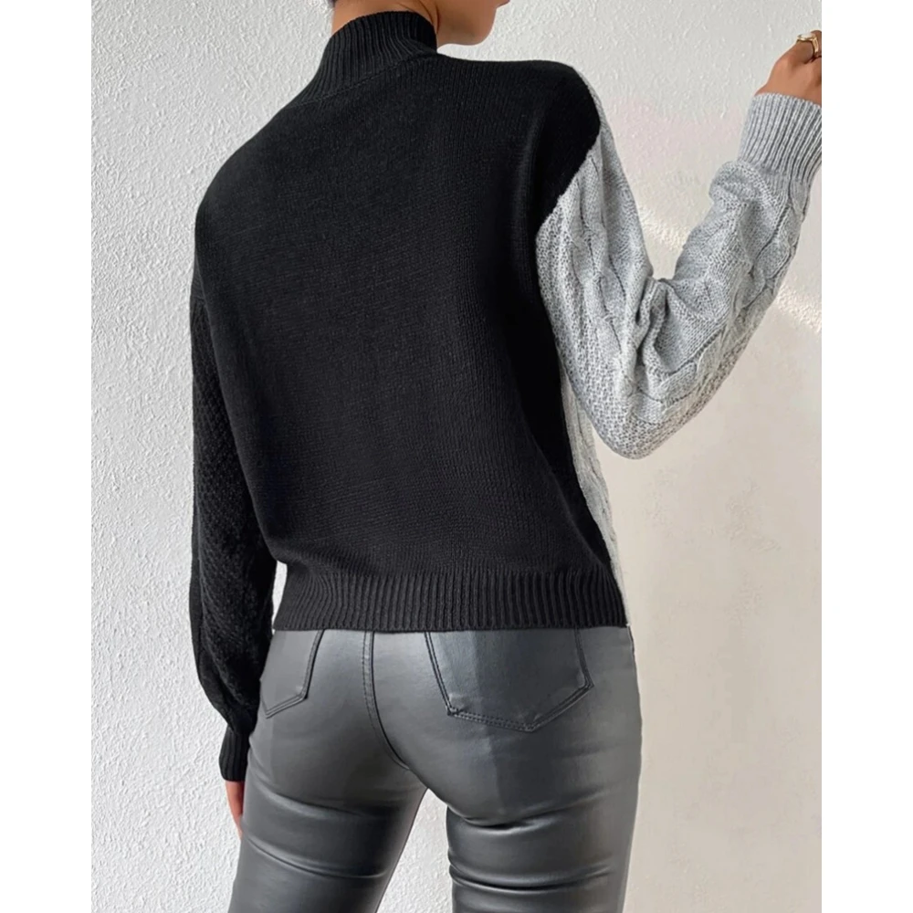 Autumn O Neck Colorblock Frill Knitted Sweater Women Fashion Long Sleeve Skinny Top Casual Outwear Korean Style