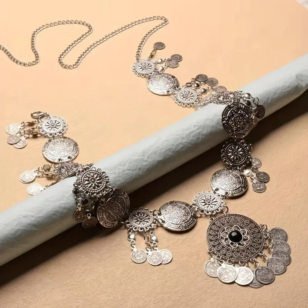 Retro Vintage Coin Belt Golden Silvery Long Tassel Belly Dance Belt Alloy Coins Carved Flower Body Chain Ethnic Style