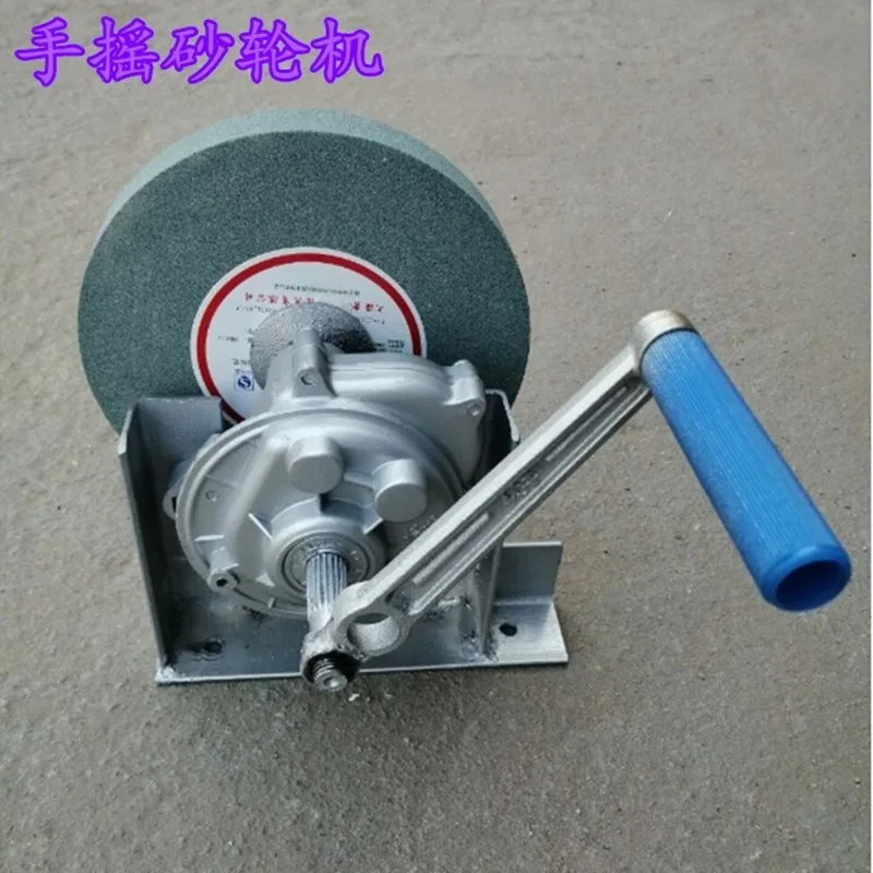 Hand cranked grinder with bearings, kitchen knife, manual sharpening machine, grinding wheel rack, gearbox, grinder