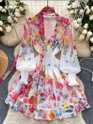 France Elegant Vintage Palace Evening Dress Women Print Ribbon Ruffle Flounce Short Party Dress Female Casual Festival Clothing