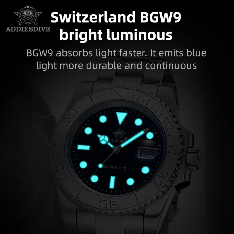 ADDIESDIVE Fashion Mens Quartz Watches Business Stainless Steel 200m Diving Watch Sport Luminous Wristwatch for Man Reloj Hombre