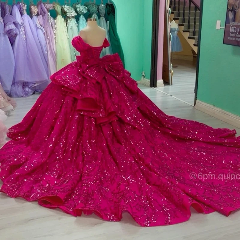 

Rose Red shiny Ball Gown Quinceanera Dresses Sequin Applique Lace Beading Crystal Bow Tiered Tull Corset Off The Shoulder Sweet