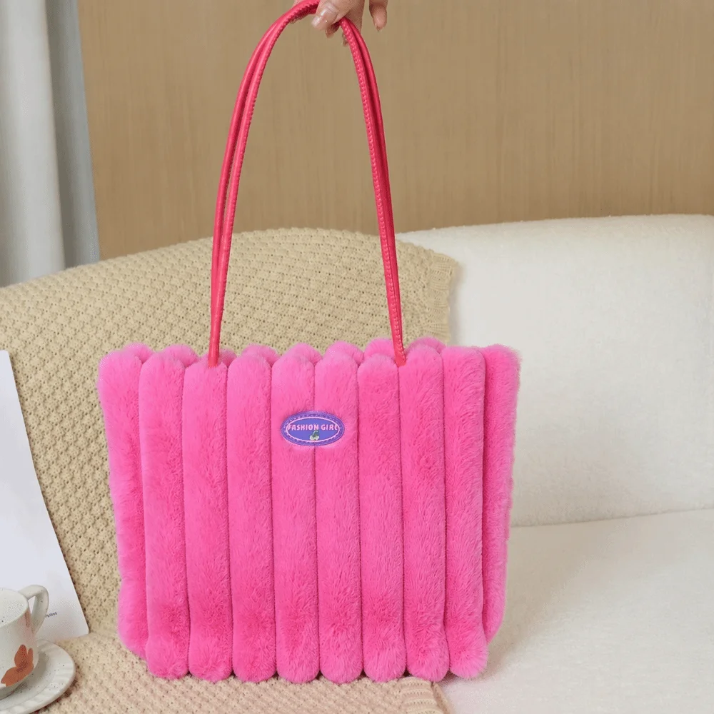 Cozy Shoulder Bag Large Capacity Solid Color Faux Fur Tote Bag Soft Fuzzy Shopping Bag for Women