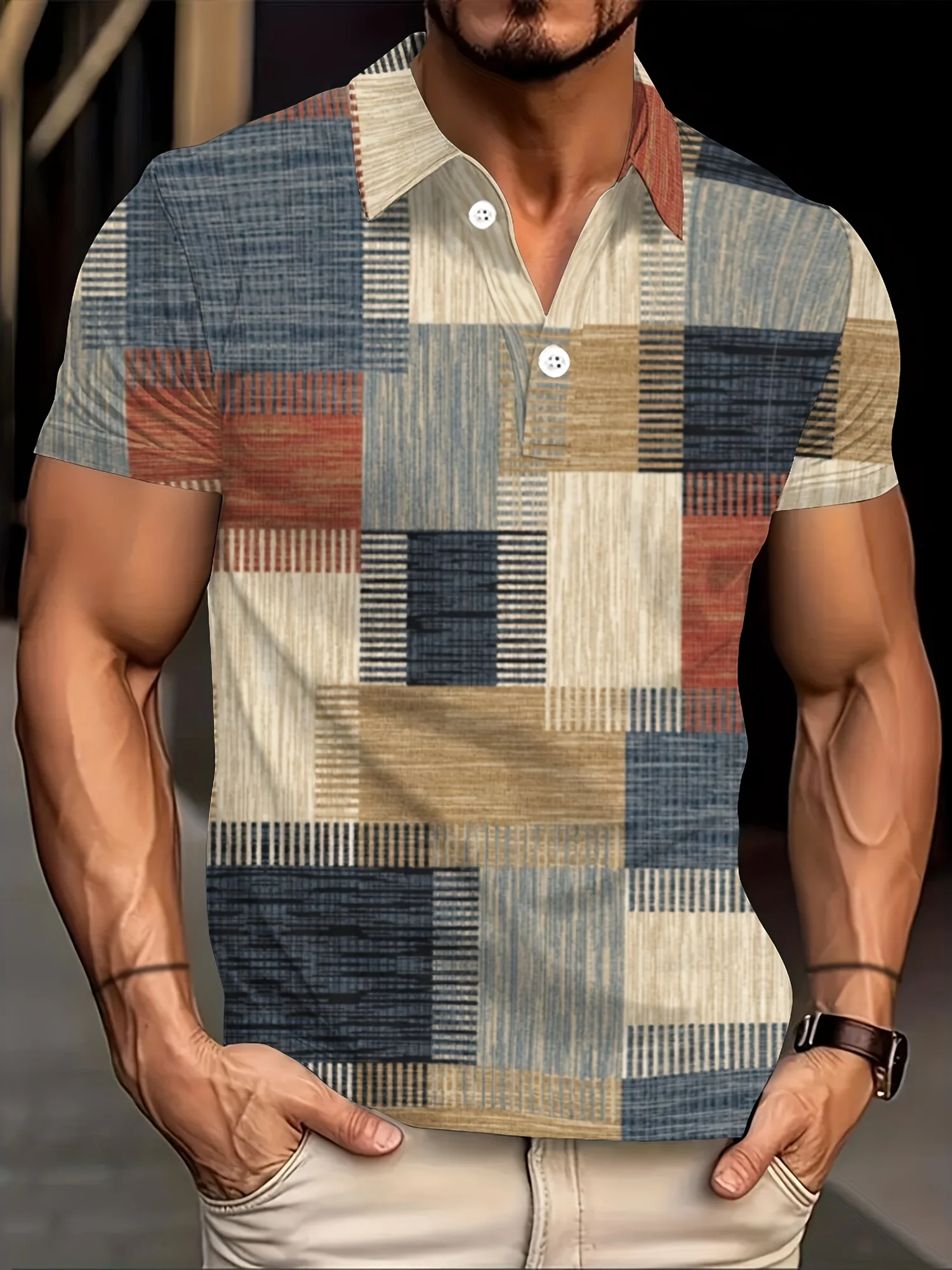 The 2025 Summer New Men's POLO Shirt Features a Casual Fashionable Comfortable and Breathable 3D Checkered Pattern Print