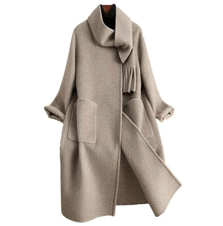 Cappotto di lana elegante da donna primaverile 2025, trench di media lunghezza a linea H con dettagli tascabili, capispalla alla moda di lusso