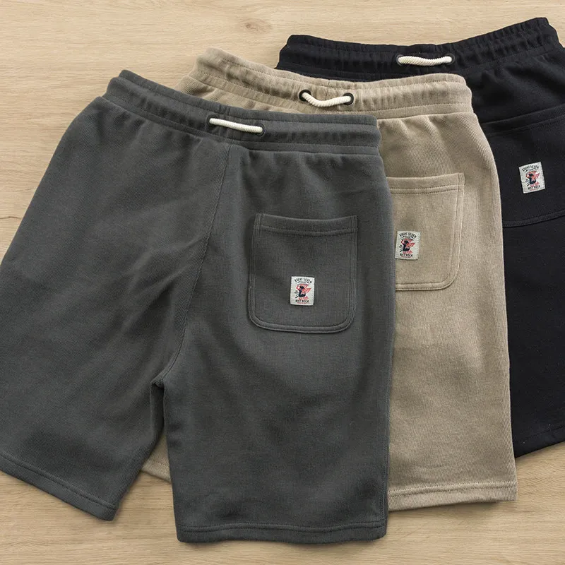 Japanese Knitted Four-Part Men's Summer Casual Sports Shorts Elastic Waist Retro Loose Straight Beach Five-Part Pants