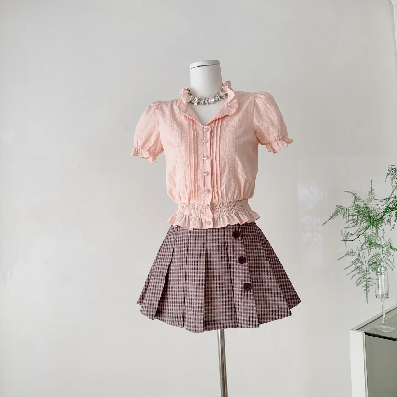 

Lolita Puff Sleeve Shirts Women Ruffles Elegant Summer Schoolgirl Blouses Vintage Office Lady Aesthetic Sweet Y2k Tops+Skirt