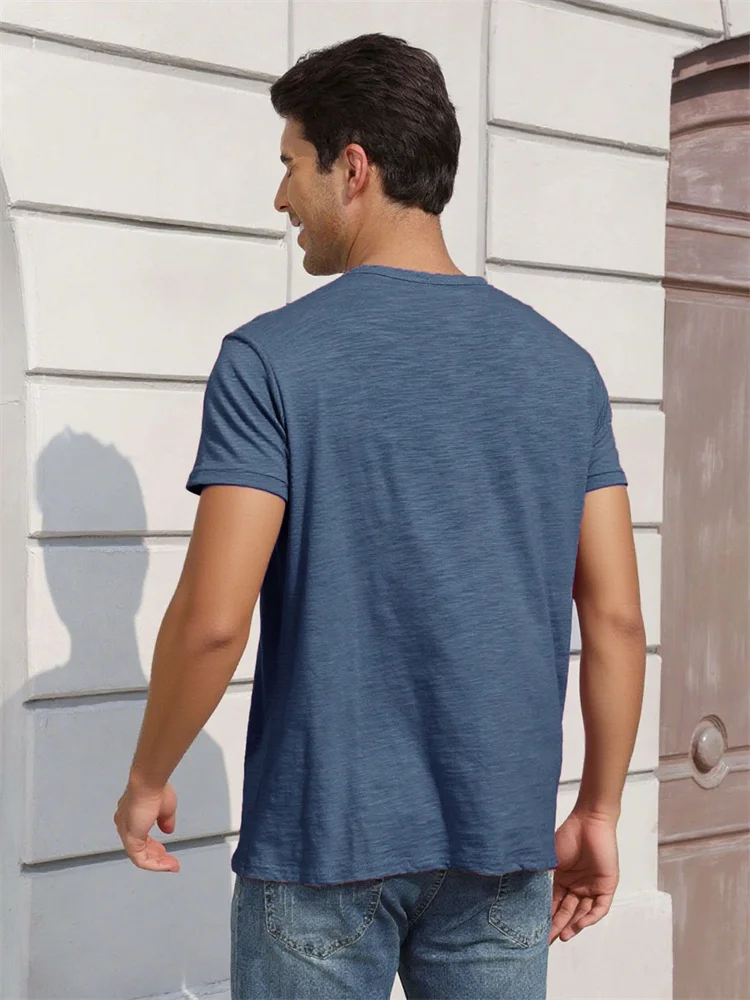 Herren-Baumwoll-T-Shirt, modisches Knopf-Design, atmungsaktiv, einfarbig, kurzärmelig, Henley-Ausschnitt, Tops, schmale Passform, gemütliche männliche Freizeit-T-Shirts – Detail 5