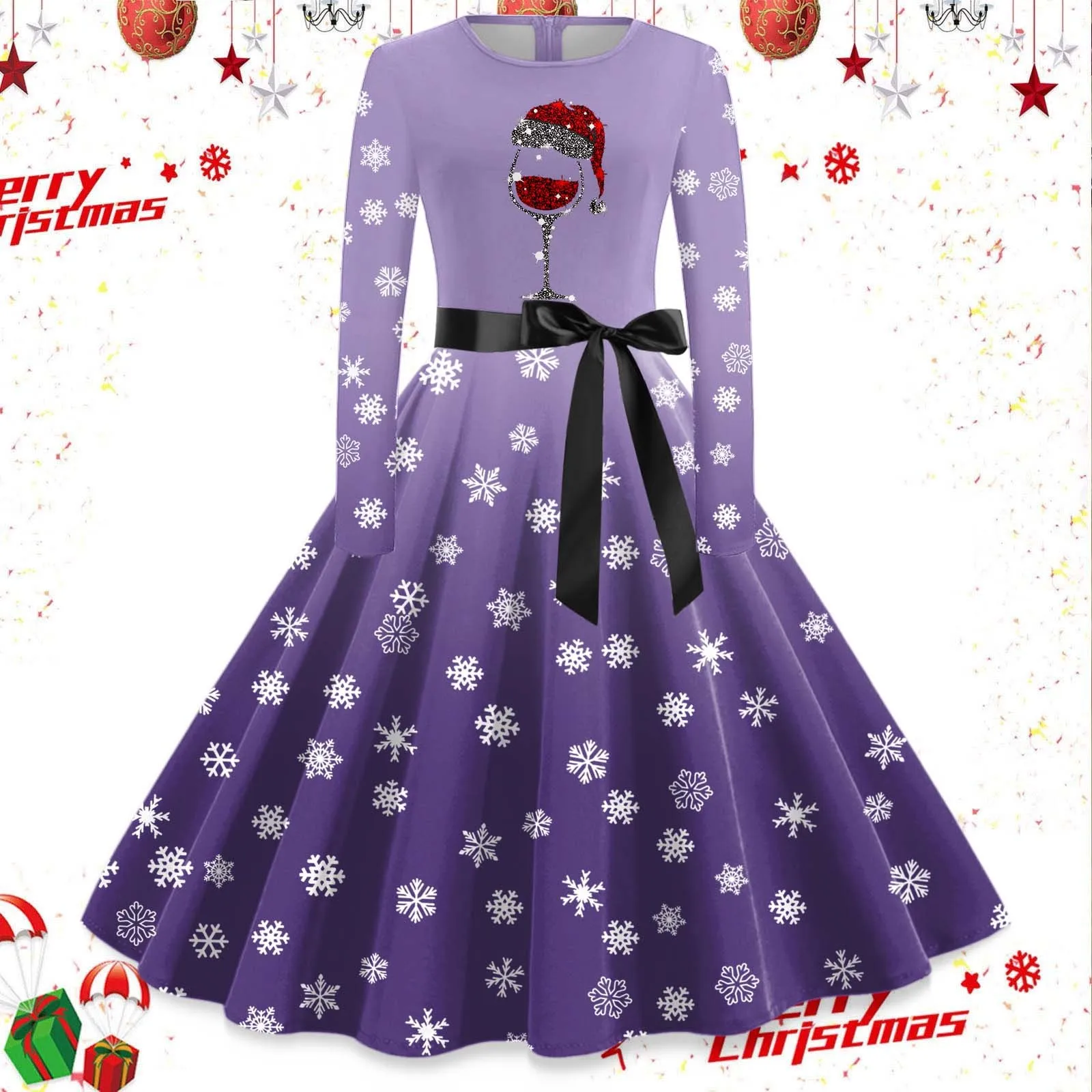 Womens Christmas Print Swing Dress Bow Ribbon Lace-Up Round Neck Long Sleeve Rockabilly Dress Chic Evening Party Prom Costume