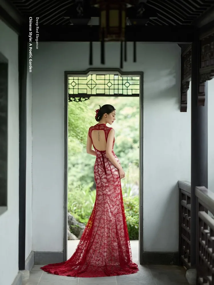 

New Red Lace Wedding Dress Photography Theme Costume Studio Beach Grass Location Shootings Ideal for Photo Studios And Travel...