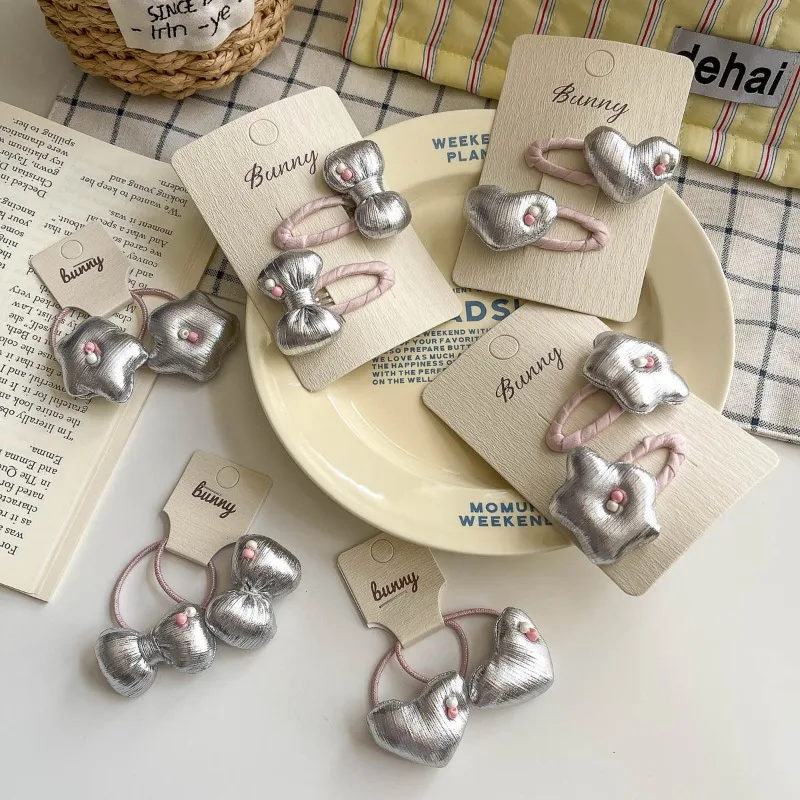 

Versatile Silver Bead Filled Bow Heart Hair Clip and Tie for Girls Sweet Cool Fringe Barrettes Soft Non Slip No Hurt Daily Wear
