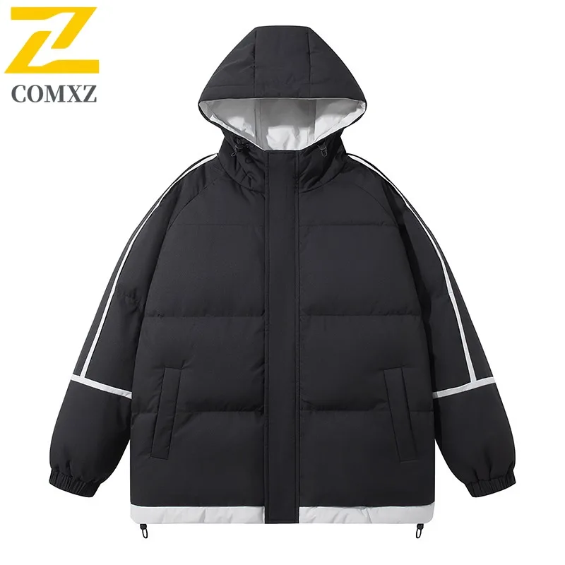 COMXZ 2025 الرجال كتلة اللون مخطط مقنعين سترة قطن الشتاء سميكة الدافئة فضفاضة تناسب العصرية الشباب معطف خفيف الوزن