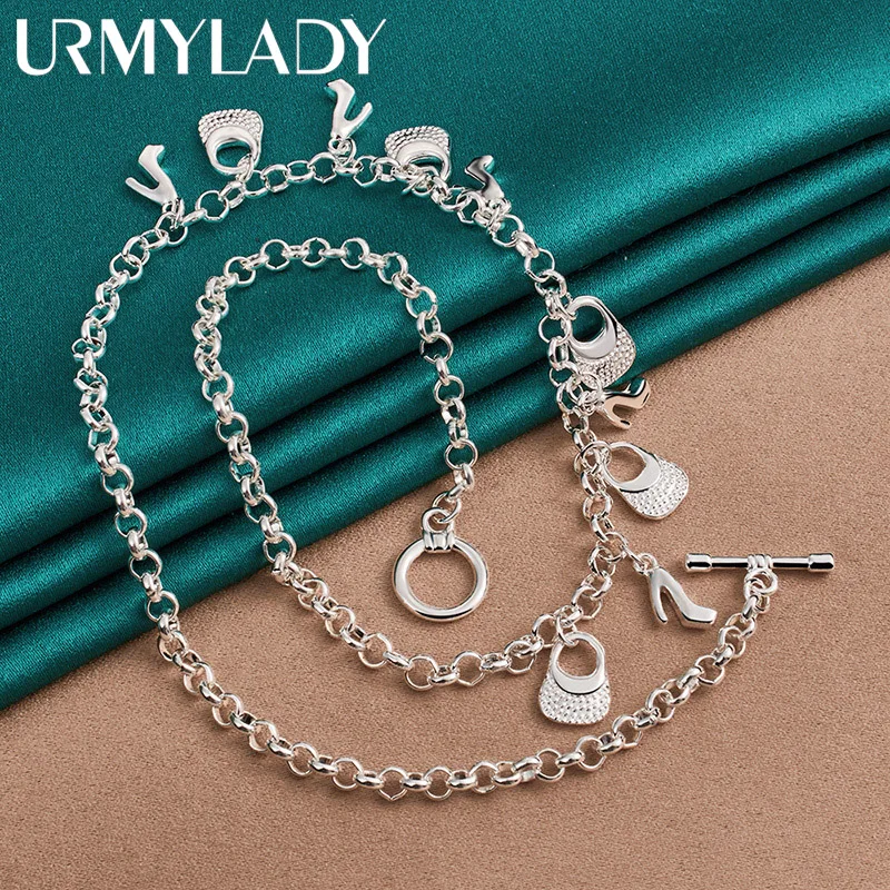 

URMYLADY 925 Sterling Silver High Heels Bag Pendant 18 Inch Necklace For Women Wedding Party Gift Fashion Jewelry