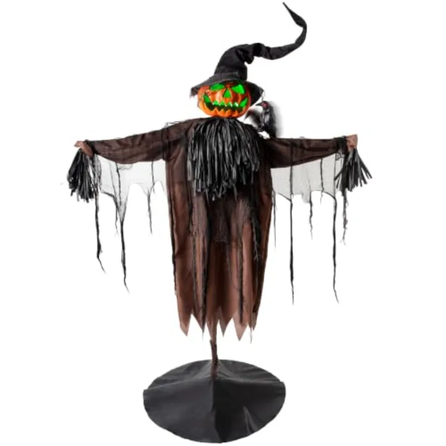 Halloween animatronics decorations: 5.5FT scarecrow with pumpkin head and crow, sound-activated, light-up head, creepy audio, f