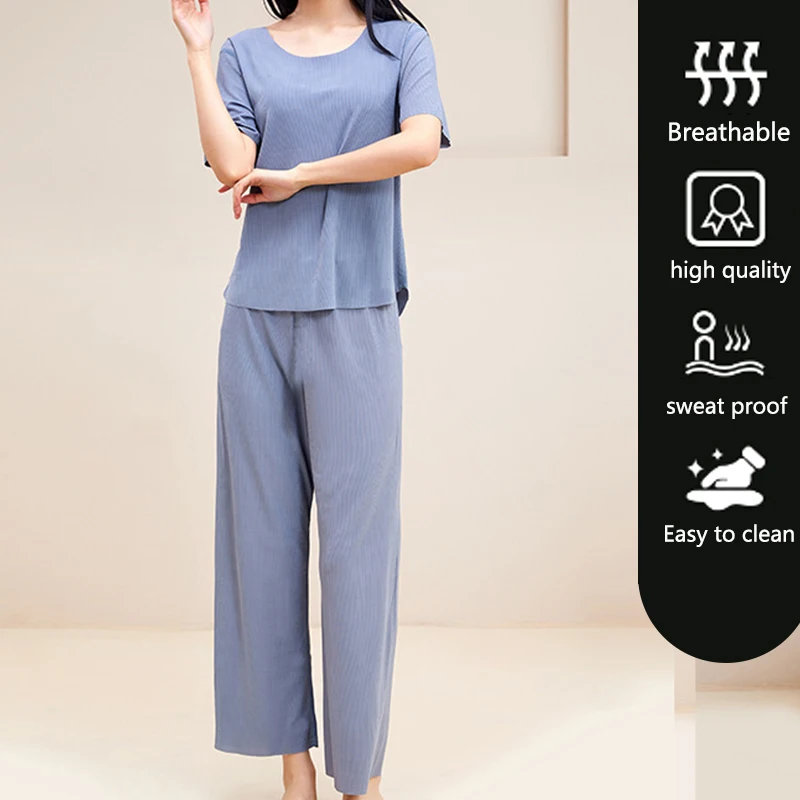 2Pcs/set Ice Silk Pajamas Suit Casual Loose Plus Size Homewear Ladies Pajamas Short-Sleeved Long Pants Can Be Worn Outside Girls