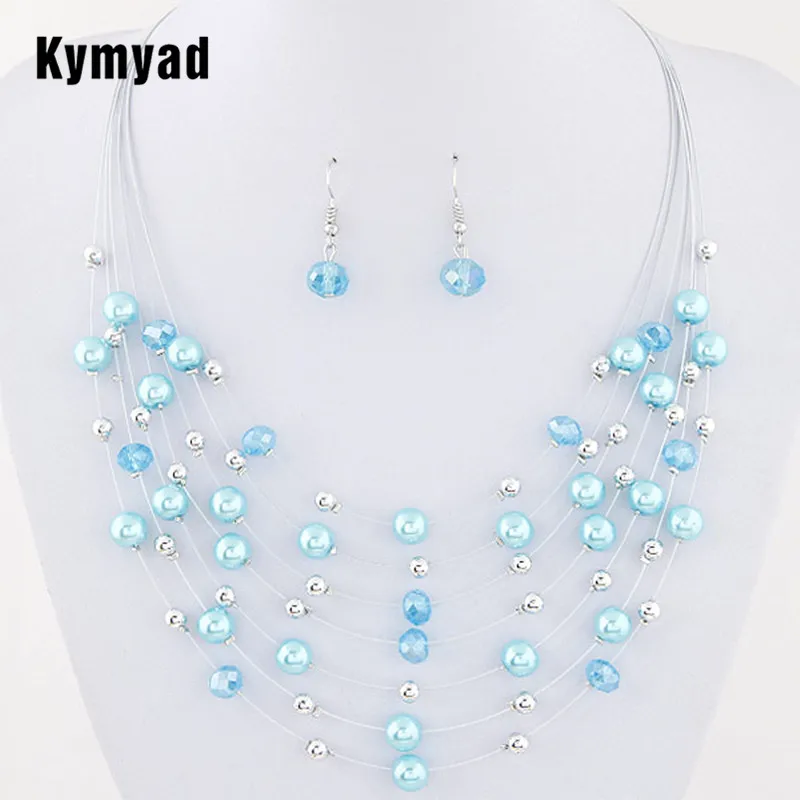 Kymyad Multilayer Necklace Earrings for Women Bohemia Style Simulated Pearl Crystal Ladies Jewelry Necklaces and Earring Set