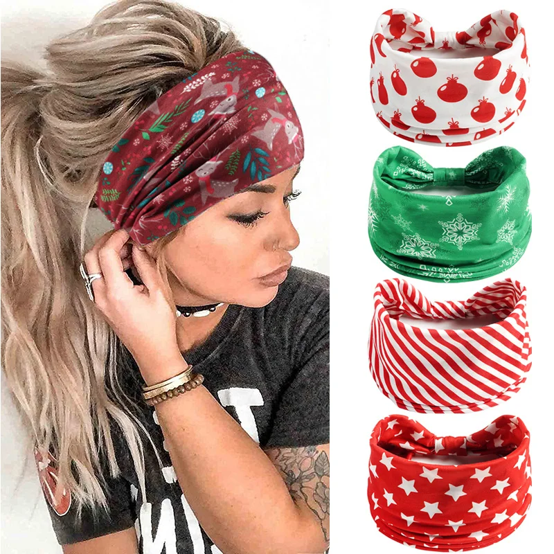 Christmas Printed Headband Sport Yoga Wide-brimmed Hairband Santa Claus Elk Elastic Hair Band Xmas Hair Accessories Headwear