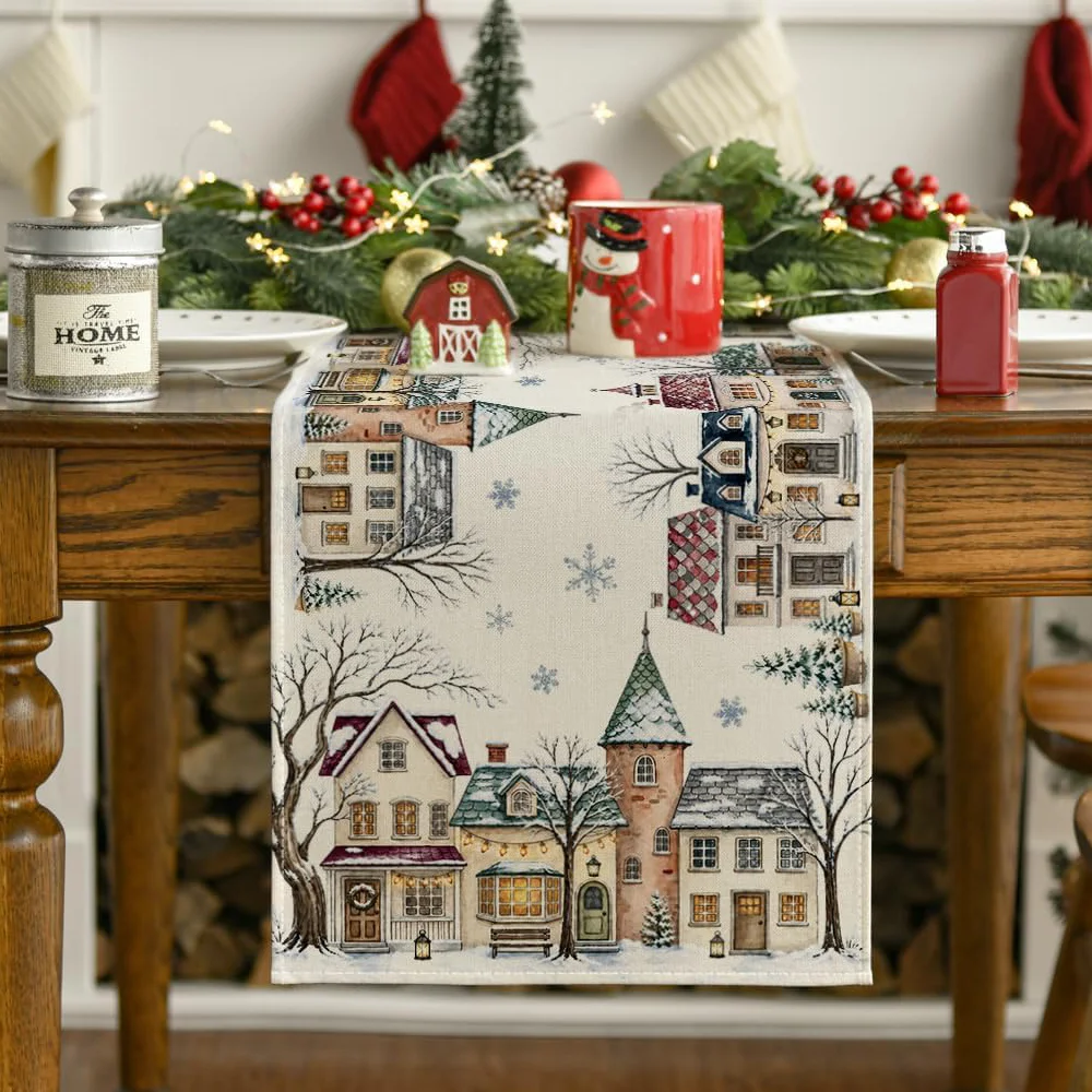 Happy Christmas Table Runner Snowy European Town Village Xmas Dresser Scarves Table Cover for Party Indoor Outdoor Decoration