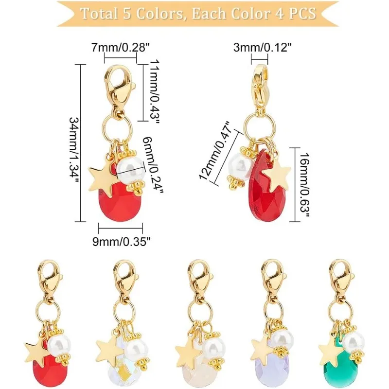 20Pcs 5 Colors Stitch Marker Charms Teardrop Glass Charms Faceted Crystal Dangle Pendants Pearl Star Charms with Lobster Clasp