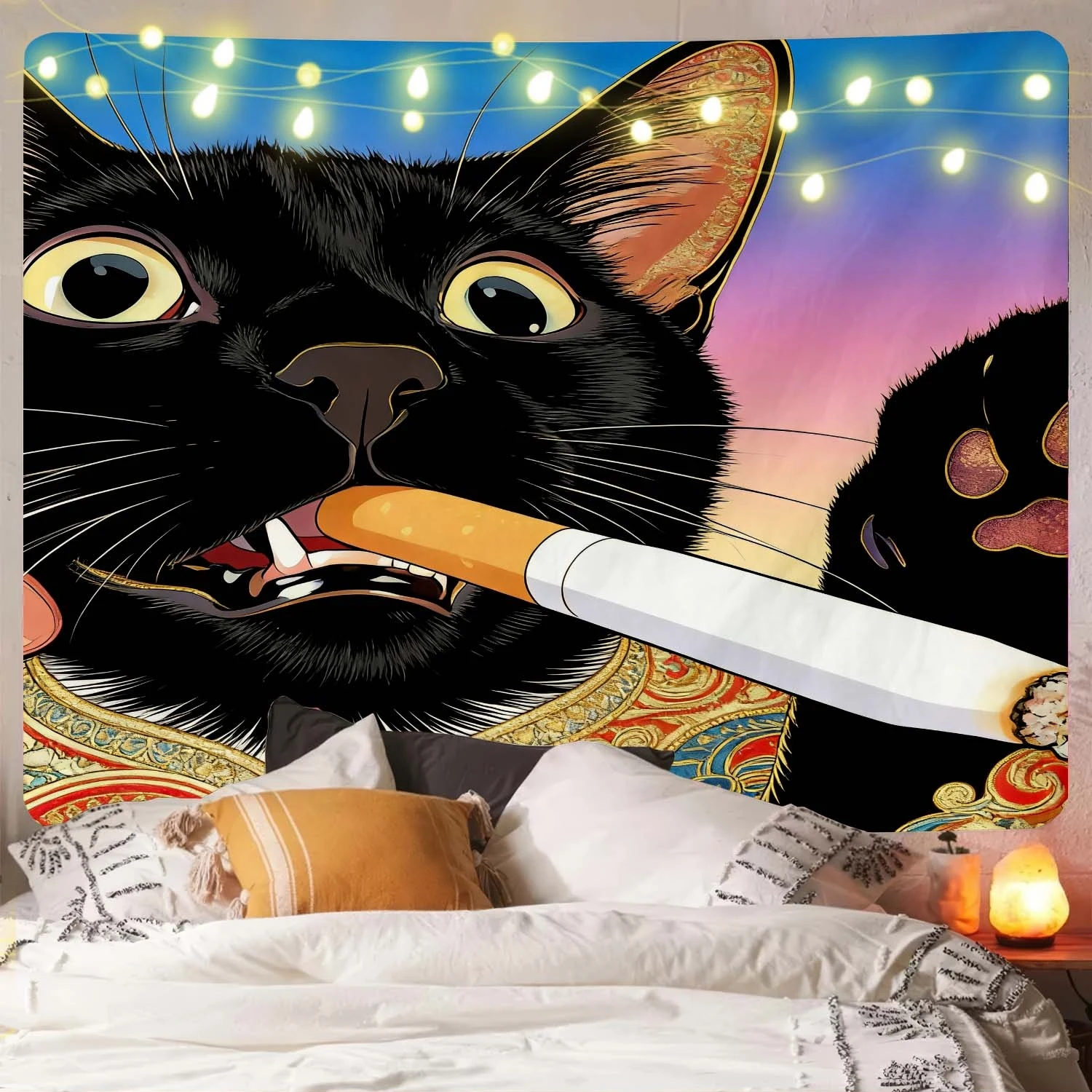 Aesthetic Funny Black Cat Cigar Tapestry Wall Hanging Home Decor Boho Chic Polyester Art Print for Living Room Pet Lover Unique