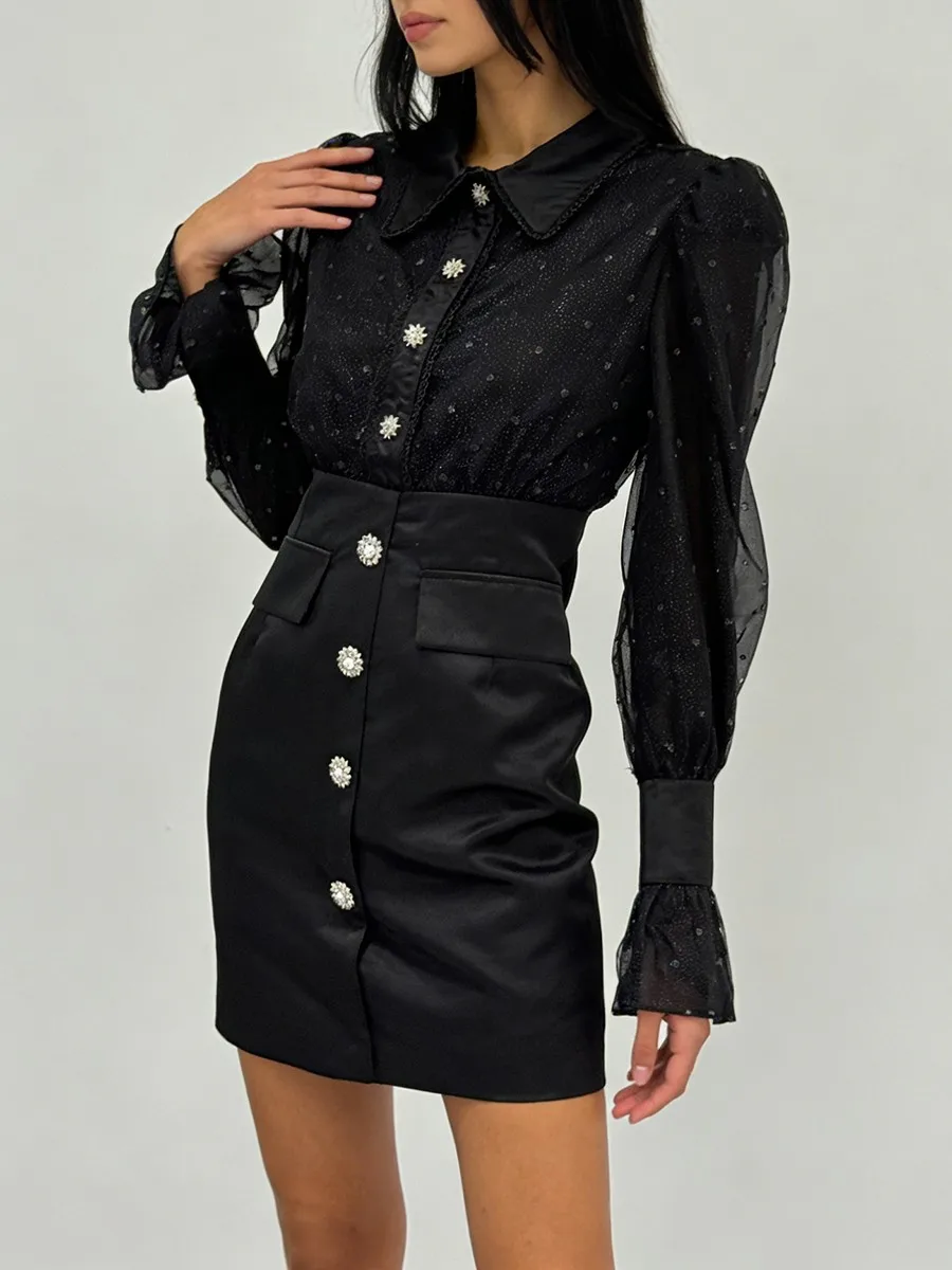 TWOTWINSTYLE Black Sheer Spliced Hot Fix Elegant Dresses for Women Lapel Long Sleeves Tunic Patchwork Buttons Dress Female New