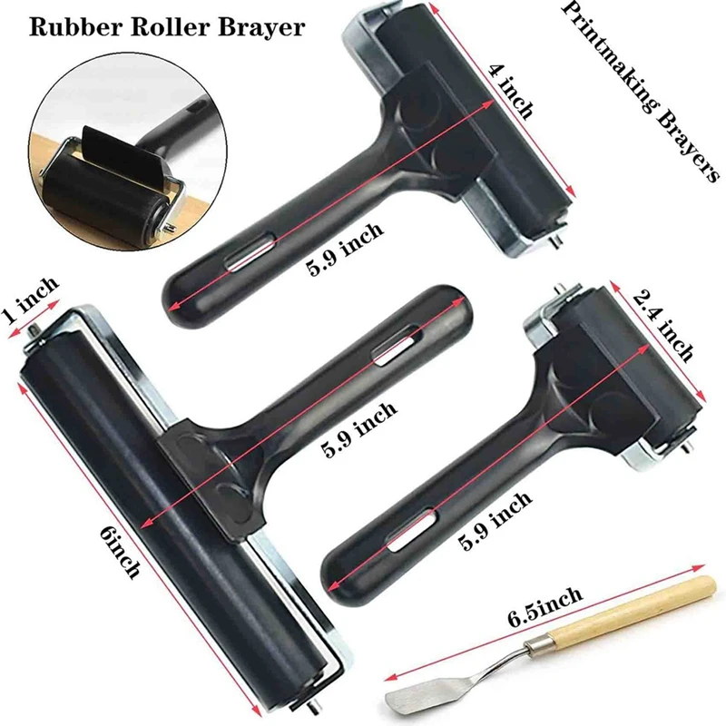 3 pezzi rullo di gomma Brayer per artigianato, Brayer per stampa, Brayer a rulli in gomma dura con 1 pz raschietto per pittura nero