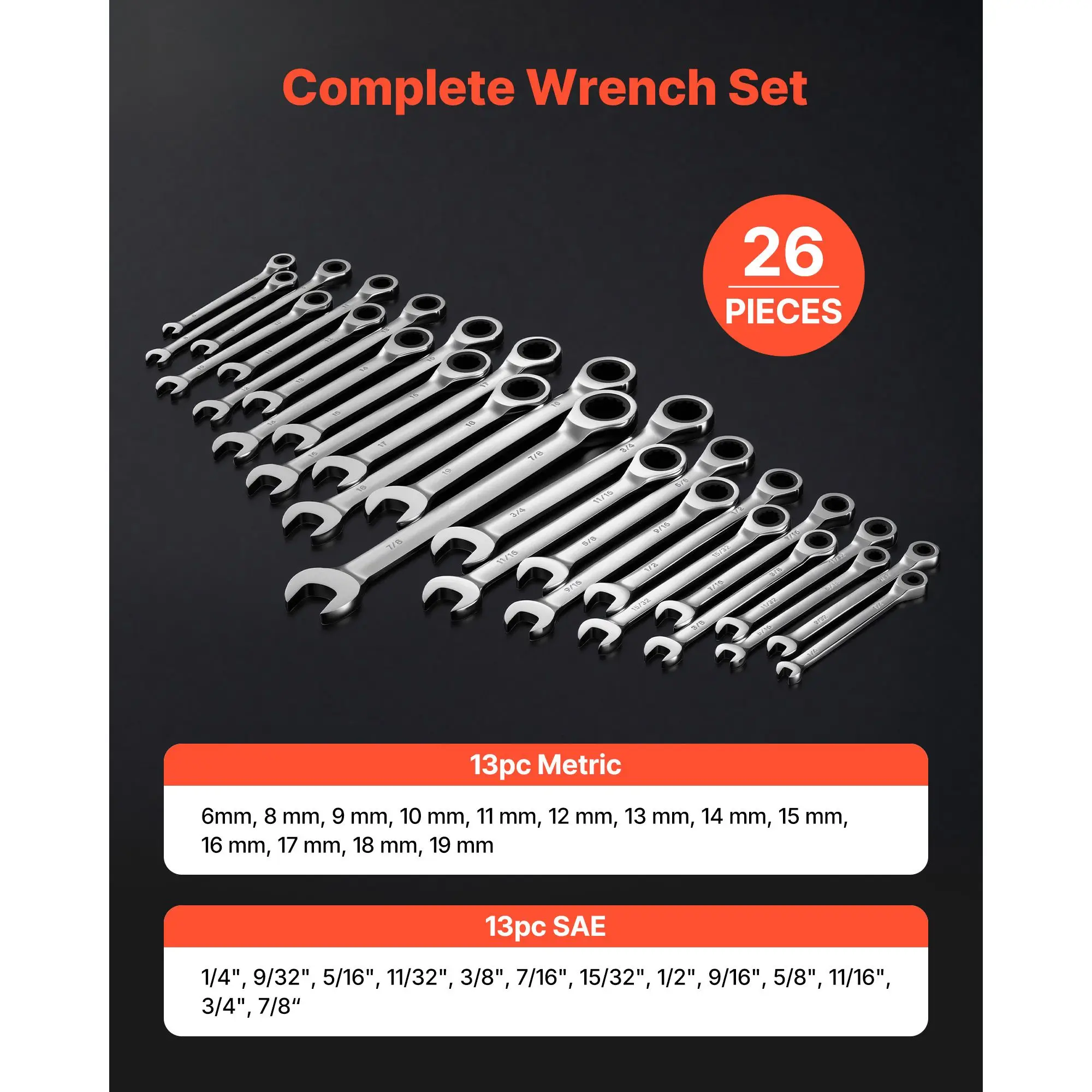 Combination Wrench Set, 26-Piece SAE and Metric, 72 Teeth, Cr-V Steel Ratcheting Wrench Set, with Rack Organizer, Open End