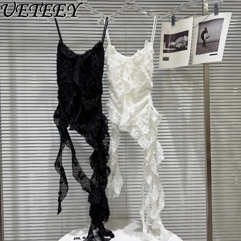 

Summer New Sweet Spicy Pure Desire Pleated Hook Mesh Yarn Streamer Outer Wear Vest Versatile Solid Color Halter Sling Crop Tops