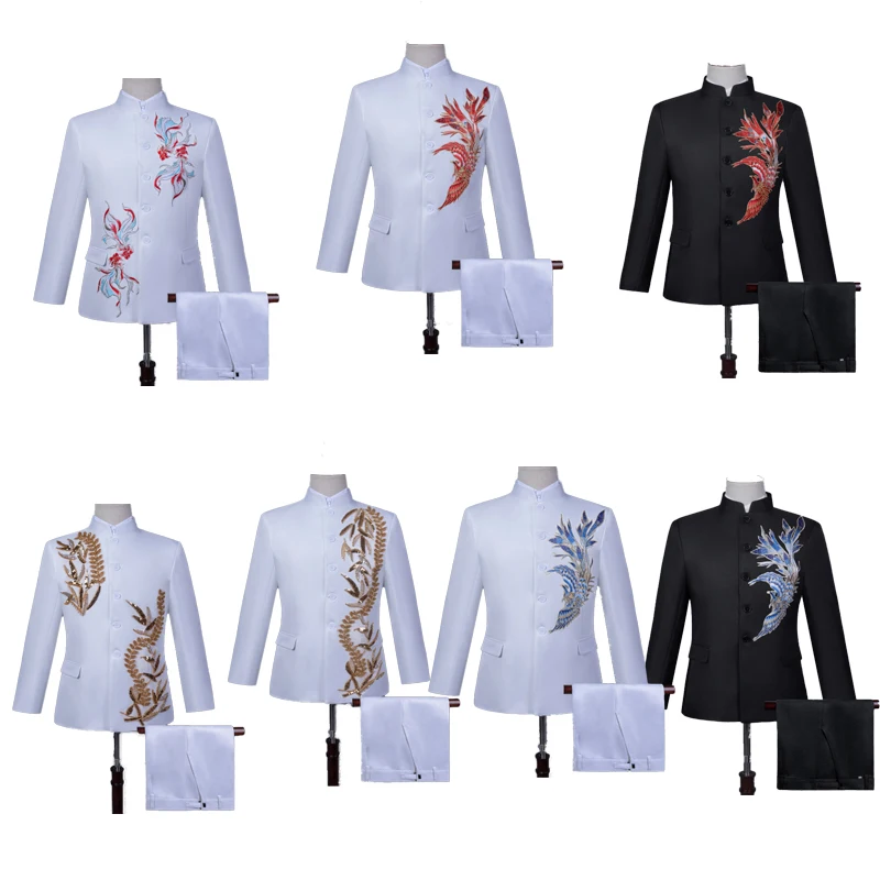 Hot Stamping Chinese Tunic Suits for Men,Goldfish, Dragon or Phoenix Patterns for Chorus Host Singer Performances Blazer+pants