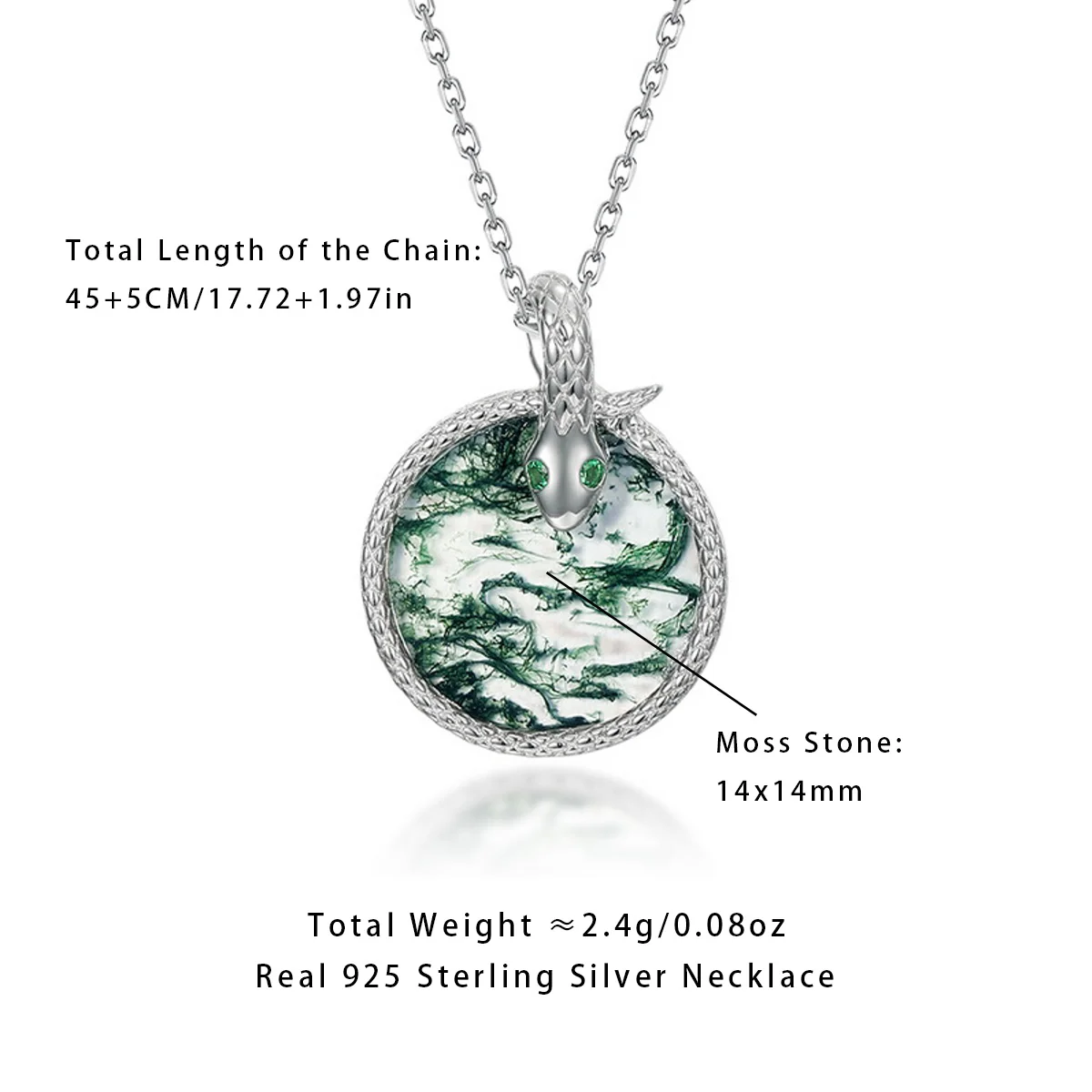 

AliMoss 14*14mm Round Cut Moss Agate Snake Necklace 925 Sterling Silver CZ Pendant(18+2in) for Women Anniversary Birthday Gifts