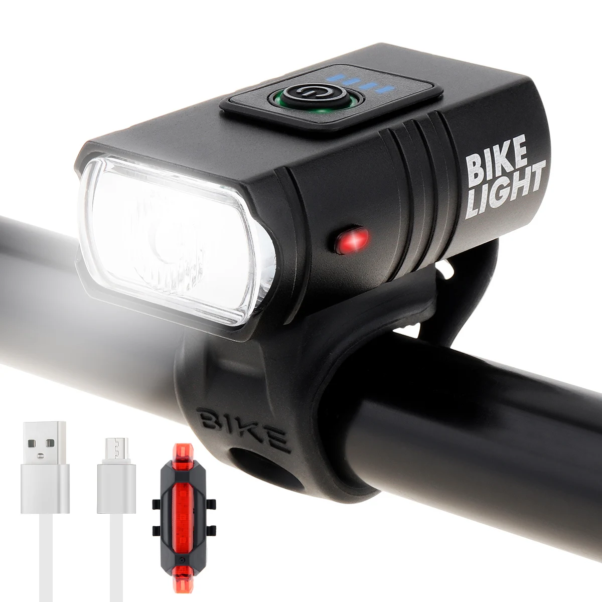 

500LM USB Rechargeable Waterproof Bike Headlight and Taillight Set with 4 Lighting Modes, Power Display Bicycle Headlamp