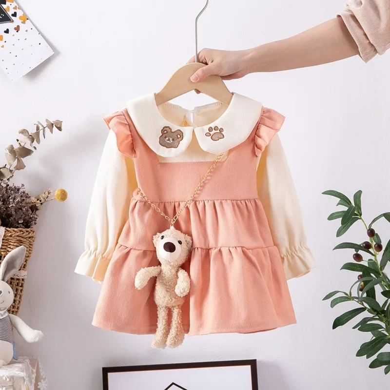 Spring/Summer Baby Girl Children\'s Dress Casual Children\'s Wear+Same Style Teddy Bear Toddler Girl Clothes Lovely Cartoon Dress