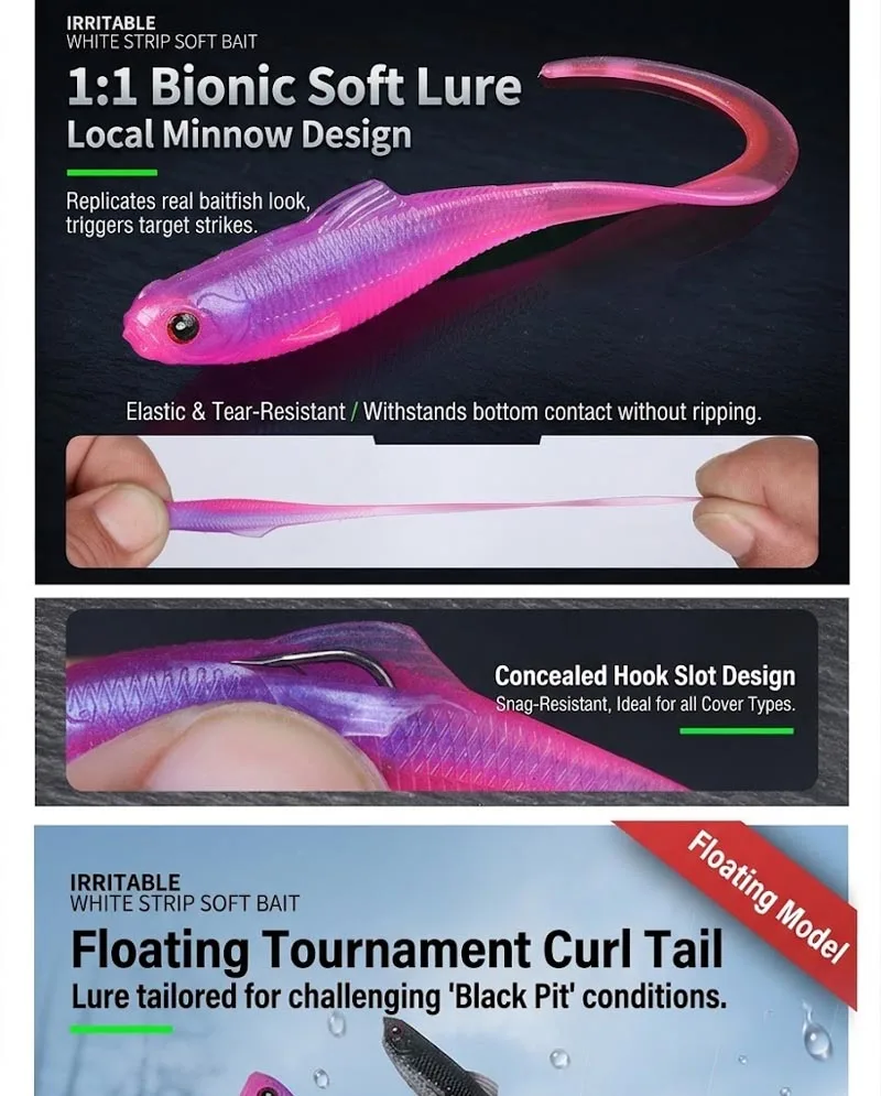 Curly Tail Grub Weichplastikköder für Barsch, Forelle & Panfish, Finesse Ribbon Tail Swimbait für Süßwasser-Angeln – Detail 9