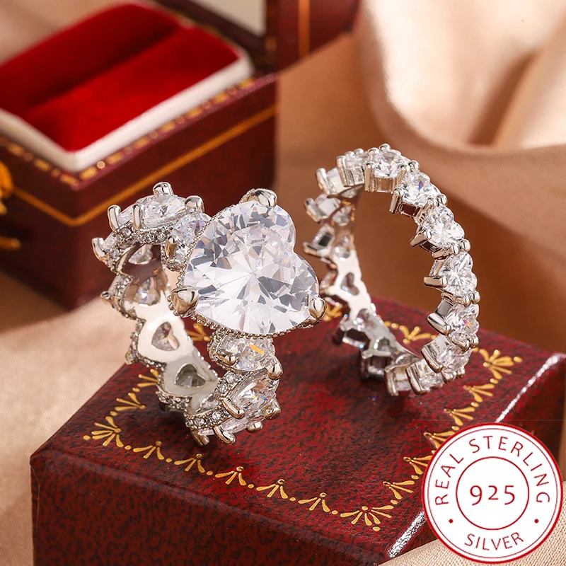 Anillo de Mujer de Lujo con Moissanita y Diamantes - Exquisita Joyería de Zirconia en Forma de Corazón, Regalo de Aniversario, Anillo de Compromiso