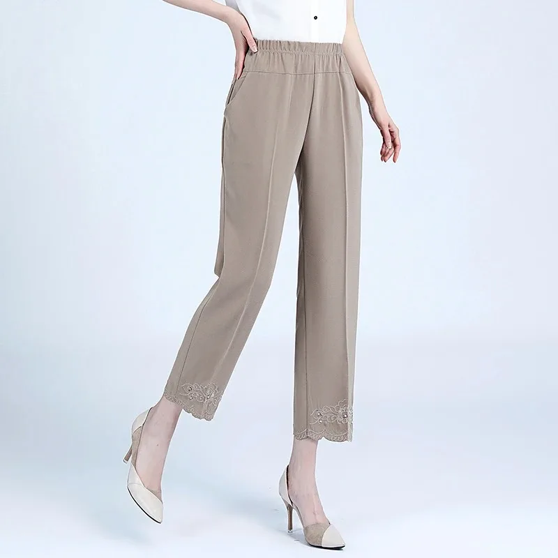 Women's New Style Spliced   elastic High Waist Pocket Fashionable Solid Color Loose Versatile Casual Trousers