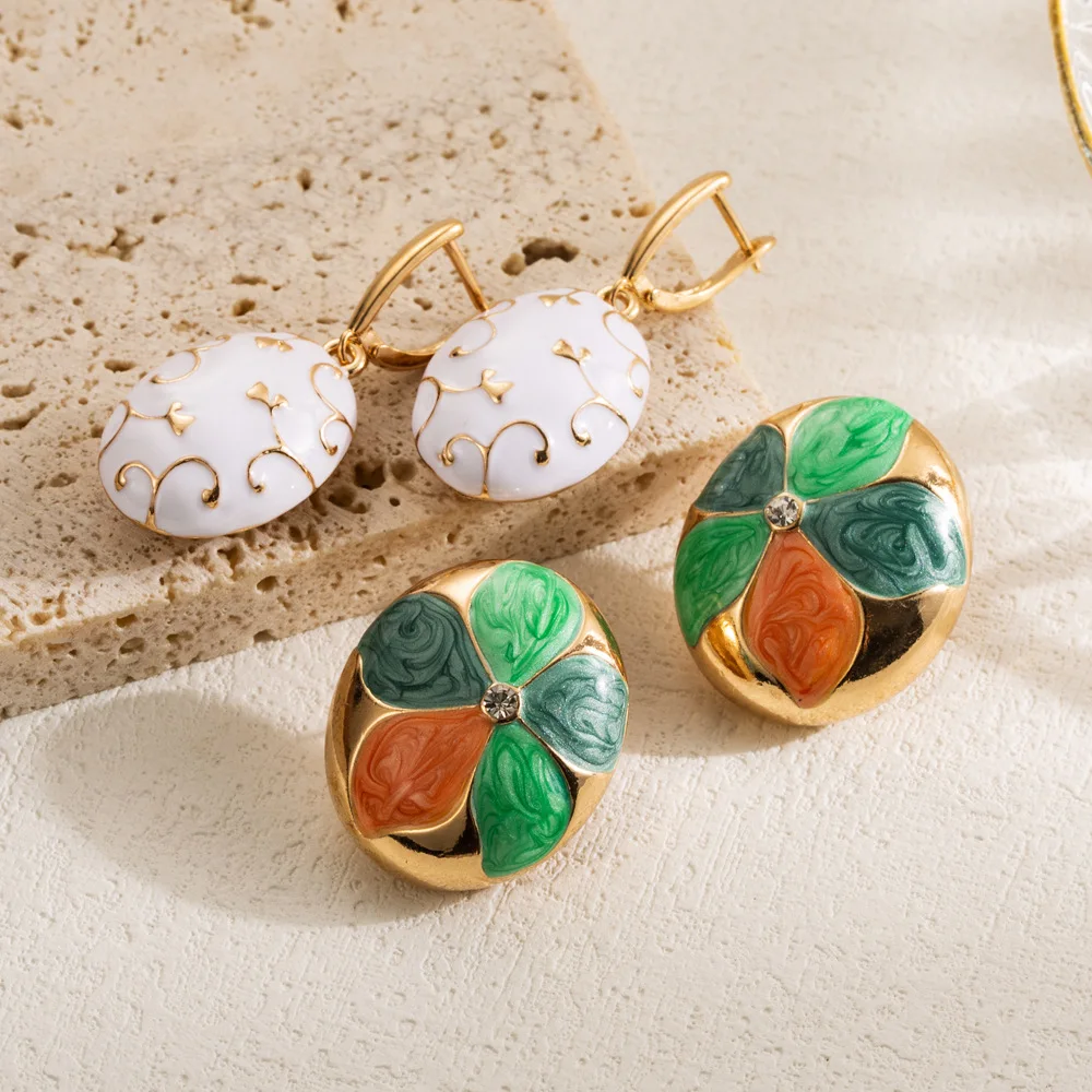 Neue Modische Weiße Emaille-Ohrringe mit Geometrischem Design für Damen, Bunte Blumen-Strass-Ohrhänger, Partyschmuck, Geschenk