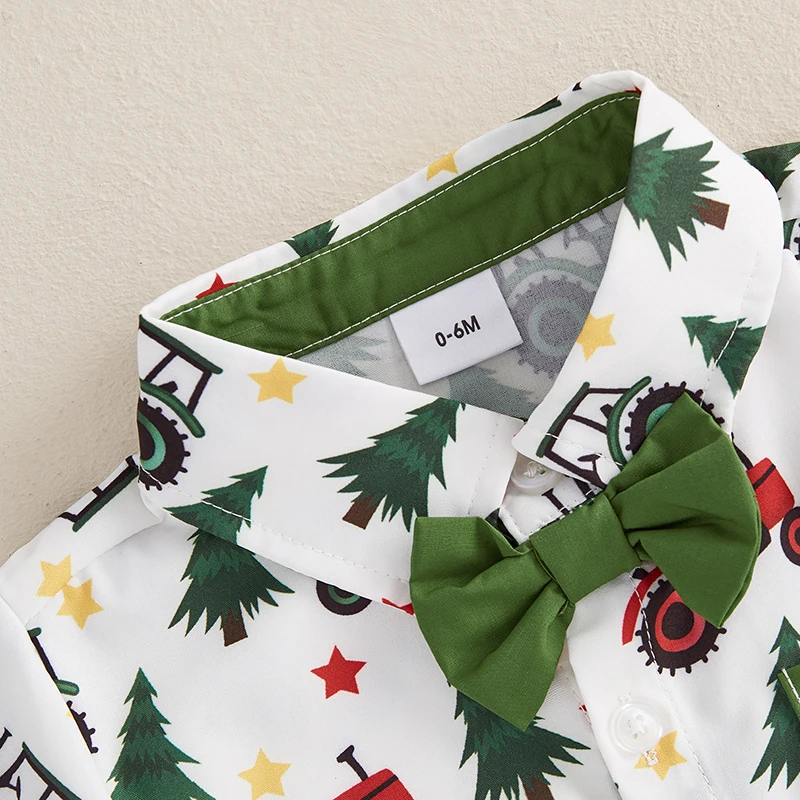 Toddler Boy Christmas Outfit, Tractor Tree Short Sleeve Button Down Shirt Solid Elastic Waist Shorts 2 Piece Set image 5