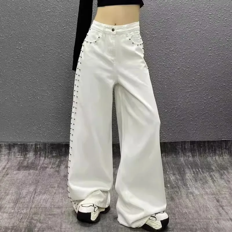 American Style Vintage Beaded Denim Jeans Women High Waist Drape Straight Wide Leg Pants Summer New White Loose Trousers