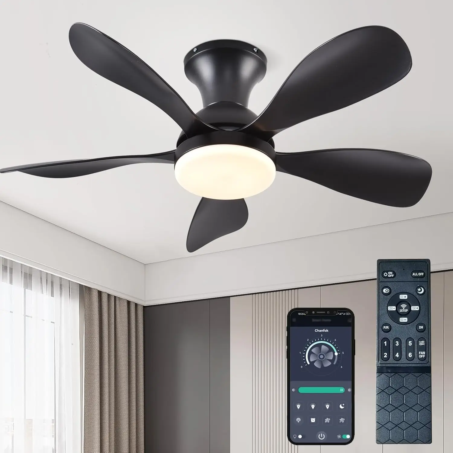 

33In Black Low Ceiling Fans with Lights and Remote/APP Control, Modern Flush Ceiling Fan with 5 Reversible Blades for Outdoor