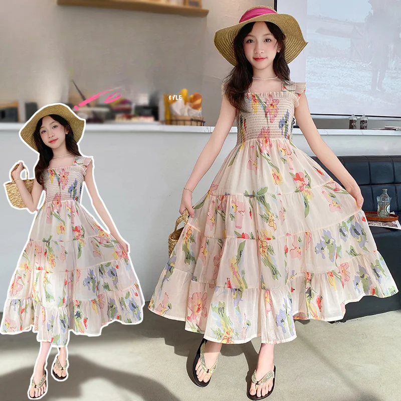 

Girls Summer Dress 2024 New Children Floral Skirt Summer Style Princess Dress Girls Big Children Beach Skirt Simple Casual