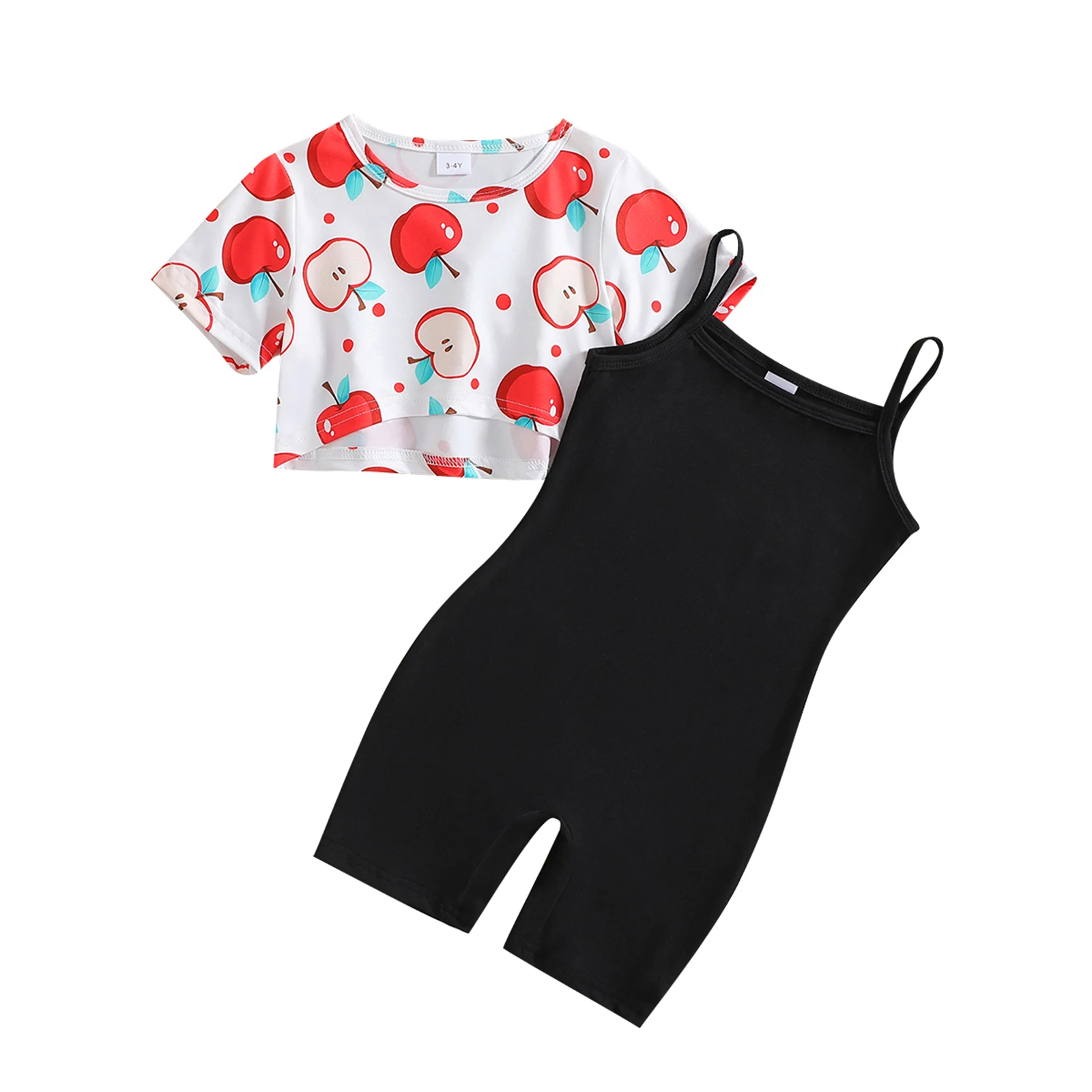 

3-10Y Girls Summer Outfit Strawberry Print Short Sleeves T-Shirt and Shorts Jumpsuit Set Cute 2 Piece Clothes