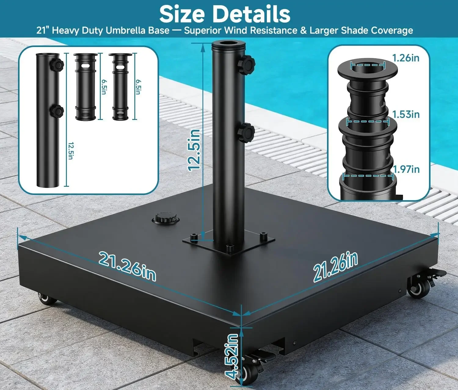 Metal Umbrella Base, 21 inch Heavy Duty Umbrella Stand with 4 Wheels | 200 lbs Max Capacity Fillable Base, 2 Locks & 2 Knobs