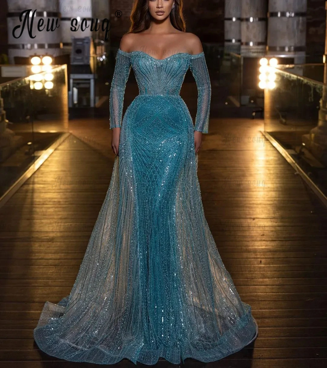 

Elegant Blue Formal Occasion Dresses With Overskirt Dubai Off Shoulder Long Sleeve Long Celebrity Dresses Tailor Made Beautiful