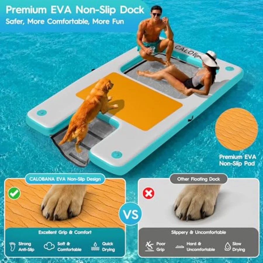 Inflatable Floating Dock for lake river sea use; PVC material; blue color; extra-large stable surface with boat ramp and mesh t