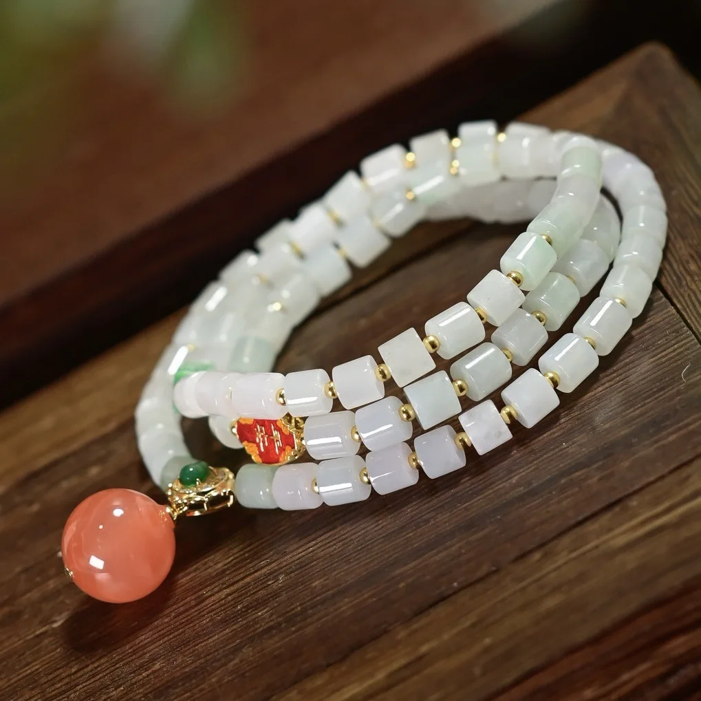 Natural Grade A Jade Bamboo Bead Triple-Loop Bracelet with Silver Gold Plated & Red Agate Pendant