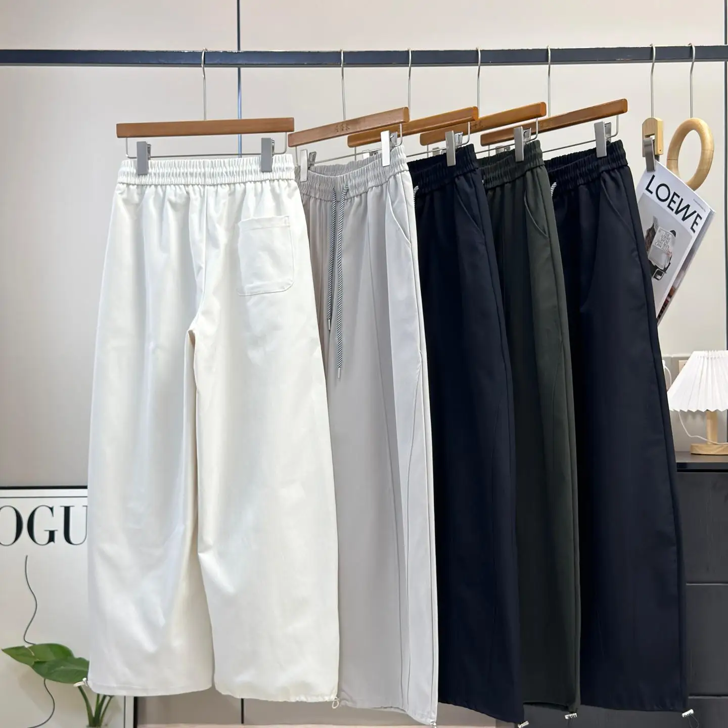 American Retro Elastic Waist Drawstring Slimming Split Diagonal Patchwork Casual Pants Ladies' Autumn Polyester Fiber
