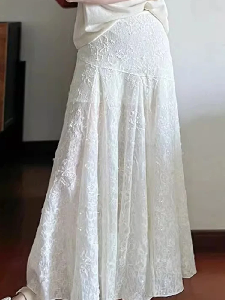 

High Waist Lace A-Line Skirt Women's Summer New Style Slimming Long Skirt Rouje Kefss Brand Sweet Style Casual Loose Fit Half...