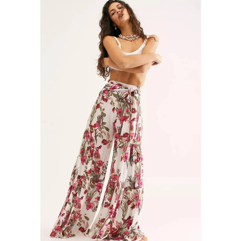 Women\'s Long Wide Leg Palazzo Pants,Loose Casual Beach Boho Floral Print,Bohemian Belted Harem,Yoga Pants,Lounge Pants,Summer